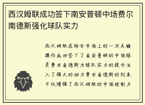 西汉姆联成功签下南安普顿中场费尔南德斯强化球队实力